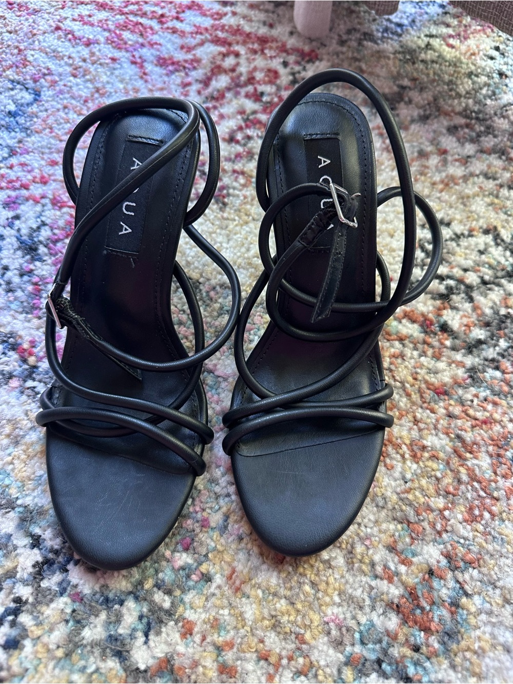 Aqua Black Strappy Wrap-Around Heeled Sandals